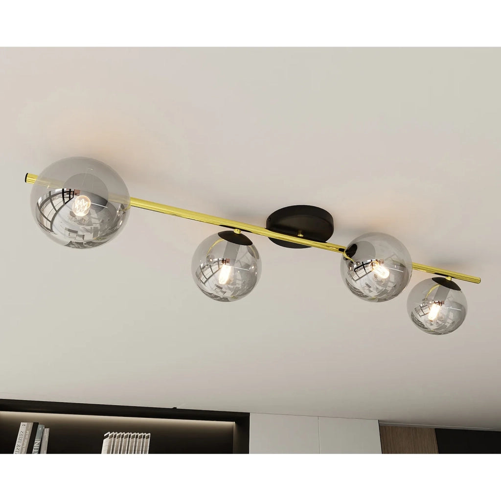 Plafoniera Contemporanea 4 Luci Eracle In Acciaio Oro/Nero E Sfere Vetro Fumè