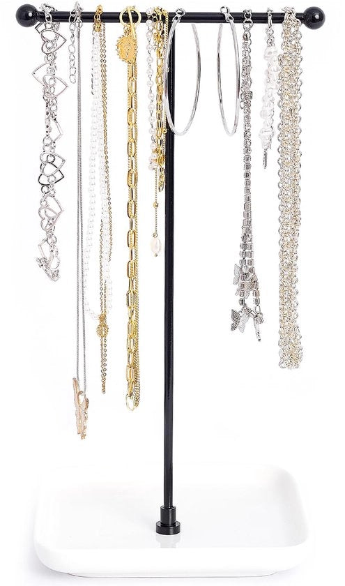 Sostegno per gioielli - Base ceramica 31 cm alta, organizzatore per gioielli, appoggio estetico per collane, bracciali, anelli, display per collane - Design minimalista bianco