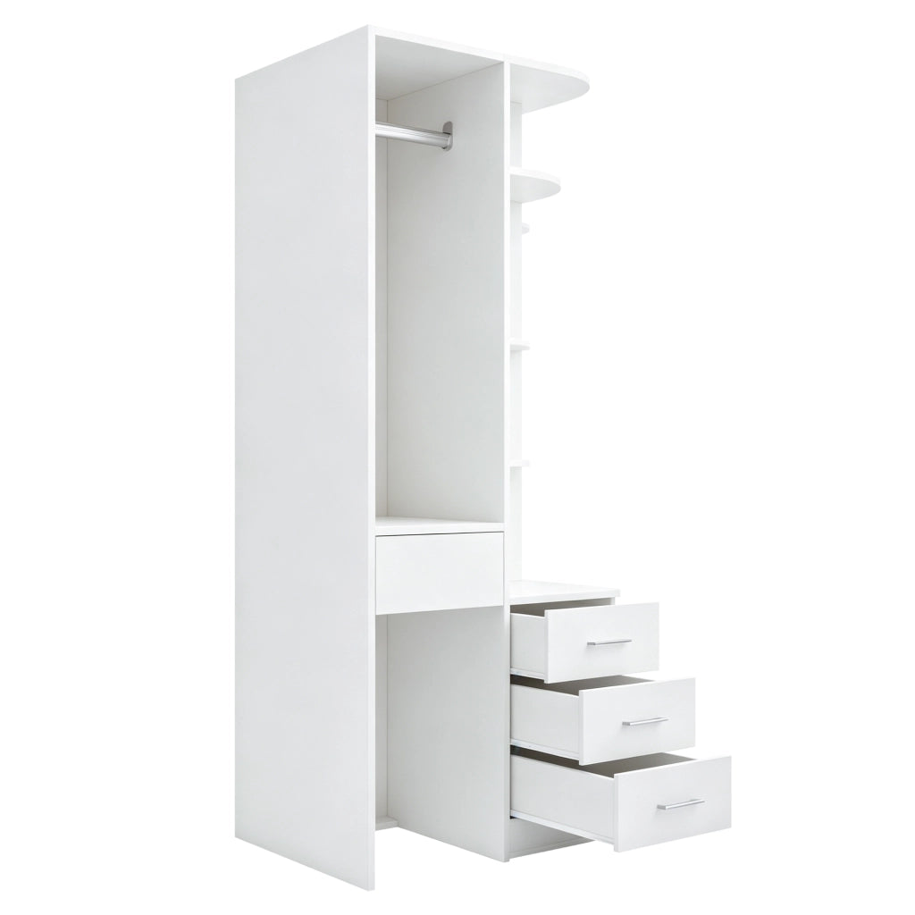 Armadio con 1 anta; ripiani aperti; cassetti; barra appendiabiti per camera da letto; in MDF bianco; 70 × 55 × 175 cm