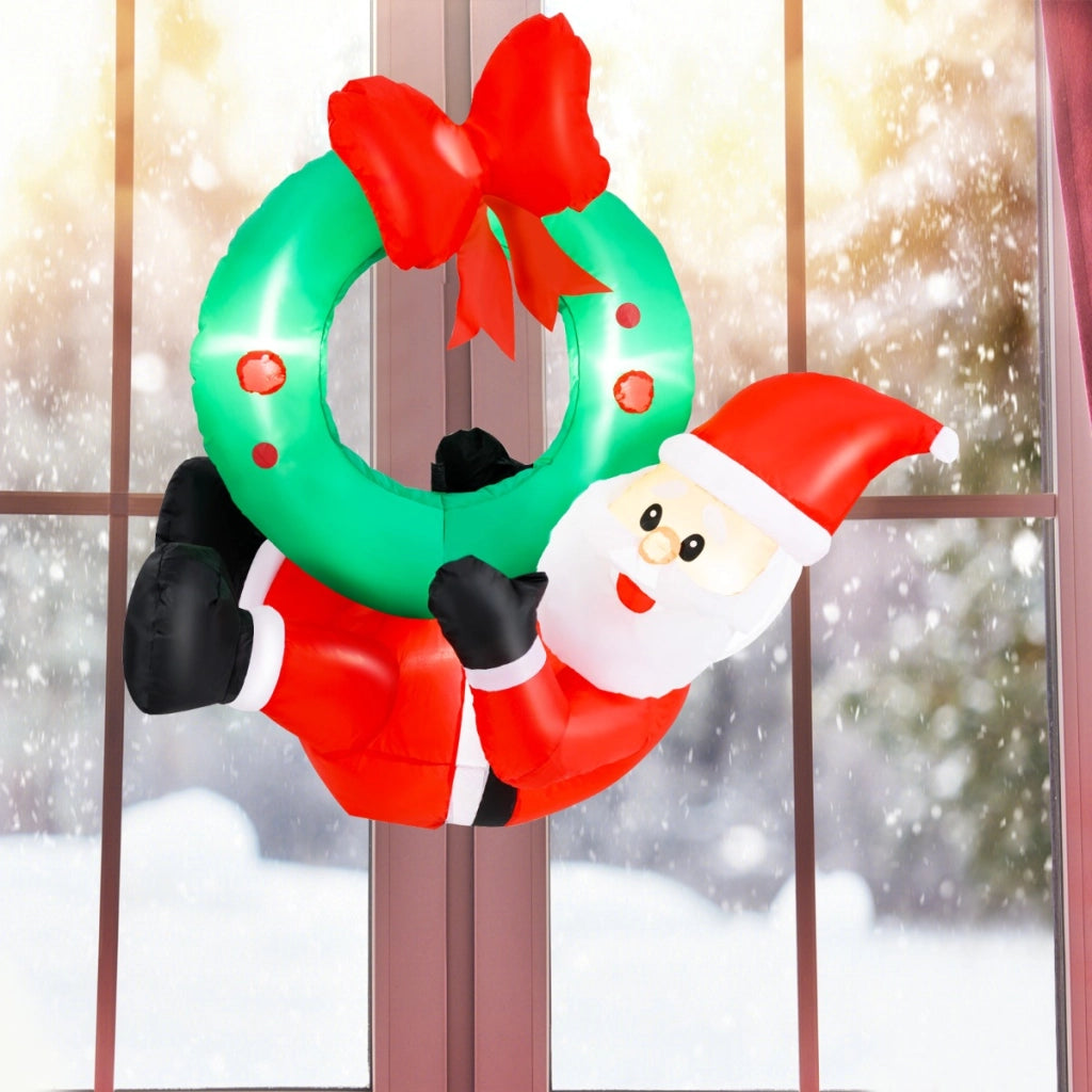 Corona di Natale gonfiabile di babbo Natale da 120cm, Babbo Natale illuminato e corona con fiocco rosso e 5 luci LED-Gonfiabili natalizi