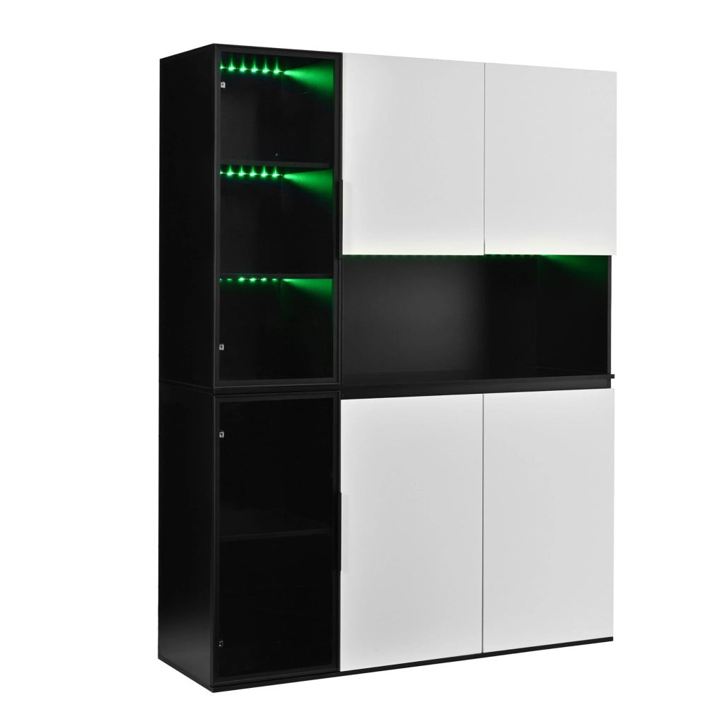 Vetrina, credenza, ante in vetro, luci a LED, MDF, bianco e nero