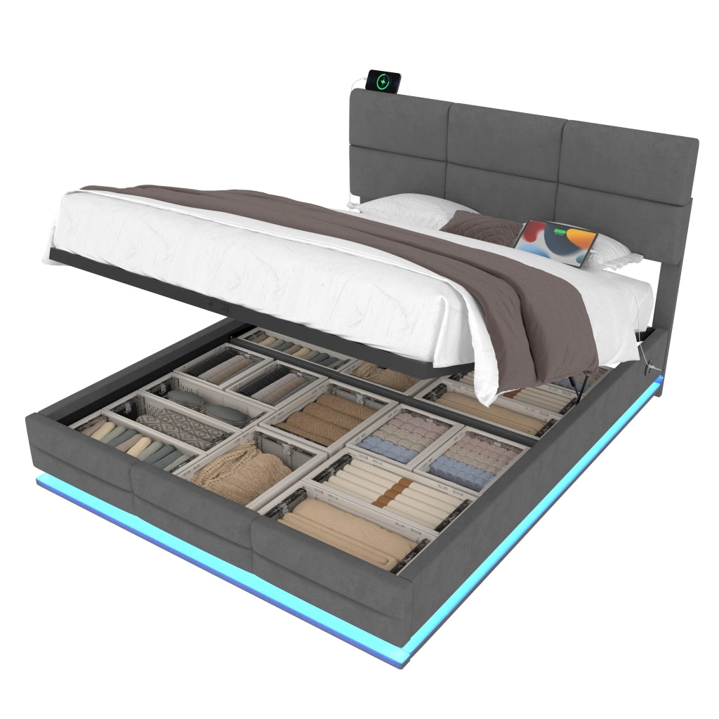 OKWISH Letto Contenitore 180×200 cm, Letto Matrimoniale con USB, Tipo C, LED Regolabile e Testiera Regolabile, senza Materasso, Velluto, Grigio Scuro