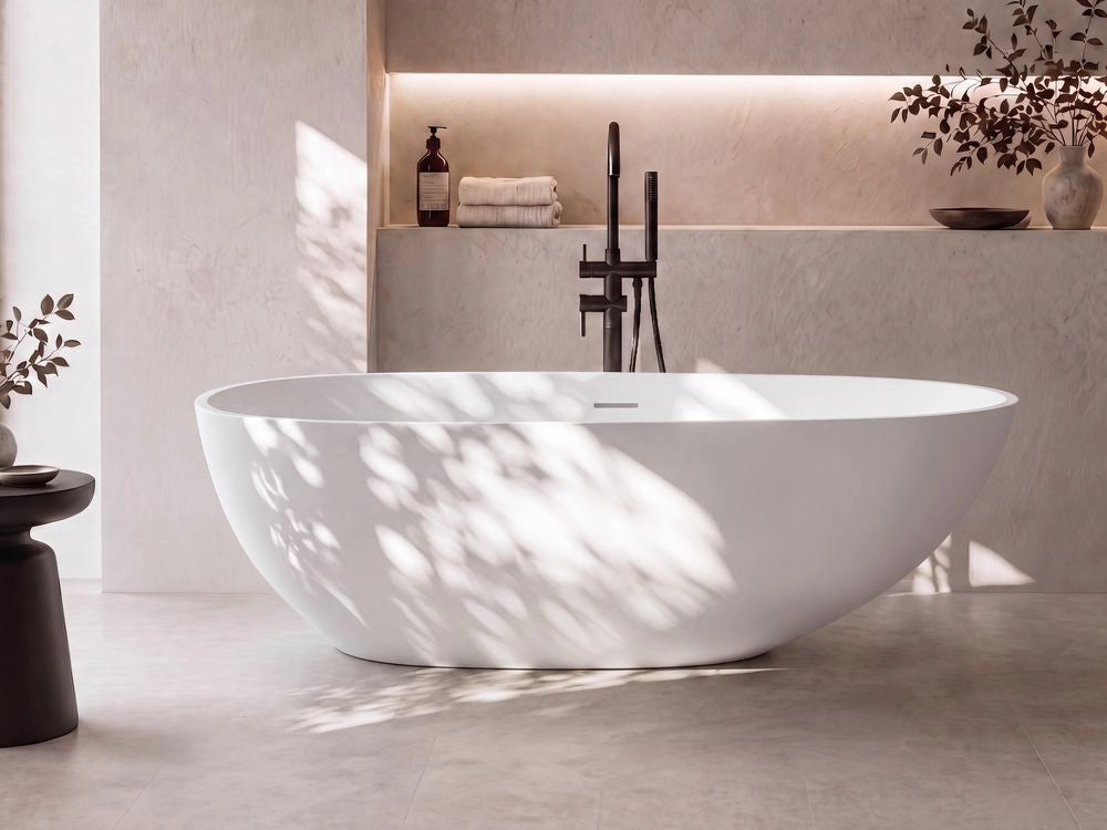 Vasca da bagno freestanding in solid surface, bianca, ovale, con bordo sottile, 170 cm