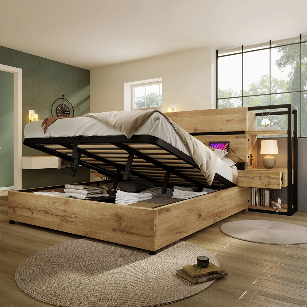 Letto matrimoniale-Xylo-180x200 cm-contenitore idraulico, USB/Type-C, testiera, quercia