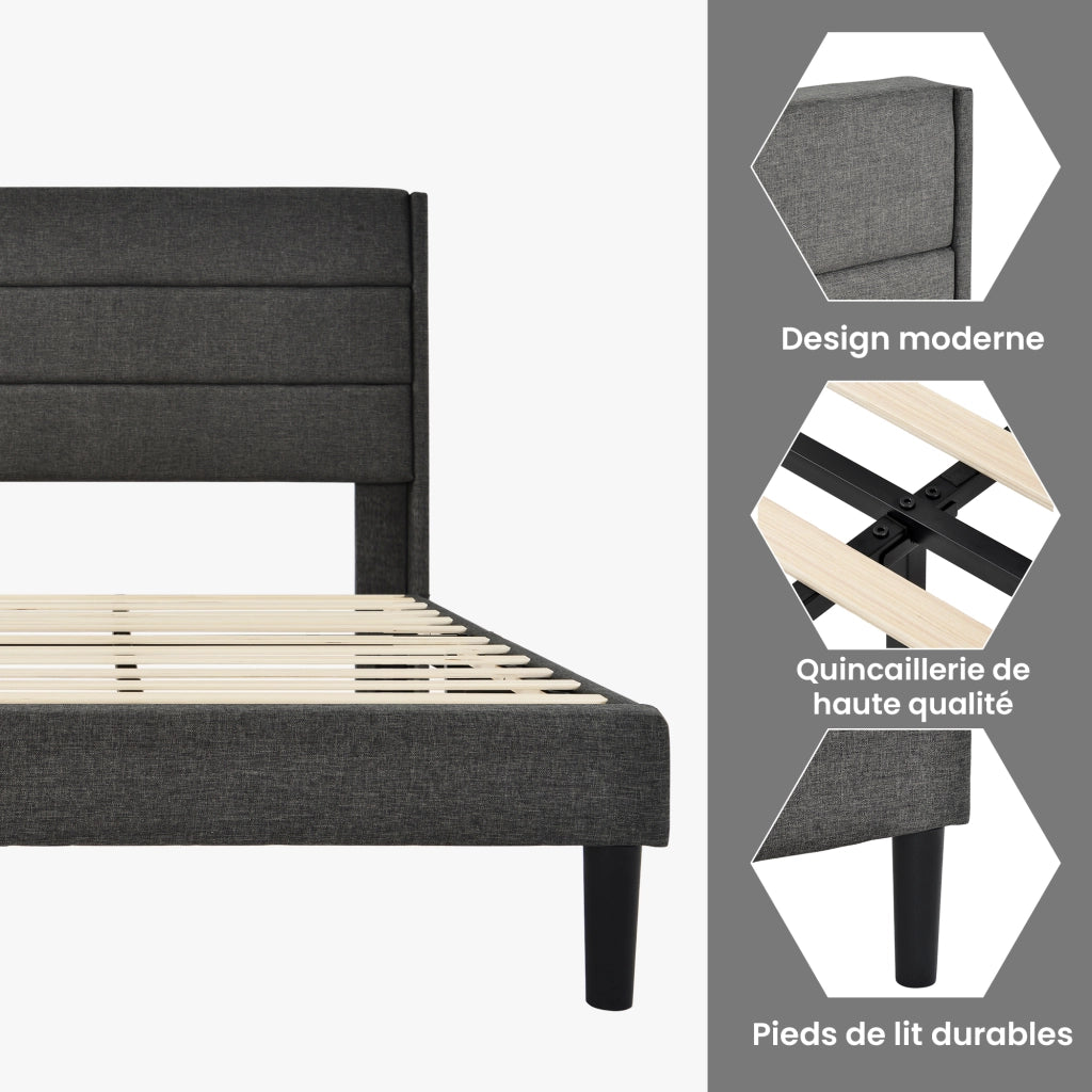 OKWISH Letto Singolo 90×200 cm con Testiera Imbottita e Doghe, senza Materasso, in Lino - Grigio Scuro