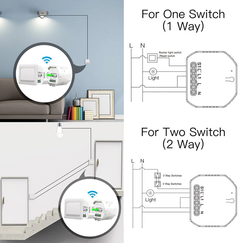 Relè Passo Passo Interruttore WiFi 2.4G + BLE + RF 433MHz, 3 in 1, 10A Bluetooth BLE Mesh, TUYA, Compatibile Smart Life, 2200W, AC 90-250V 50/60Hz, 53x48x18mm IP20 SH104