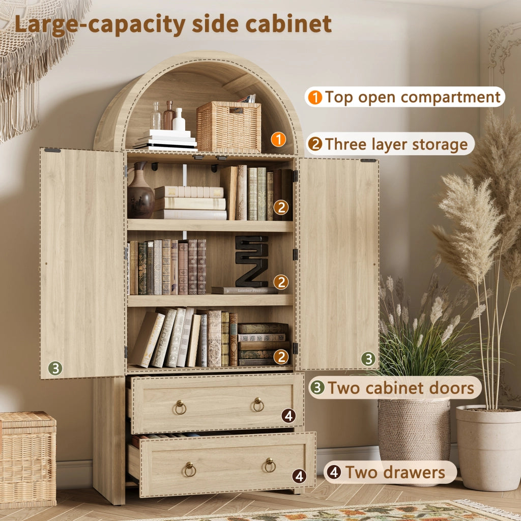 Credenza con ripiani aperti, armadietto con ante in rattan, doppi cassetti e ganci laterali, in MDF rovere