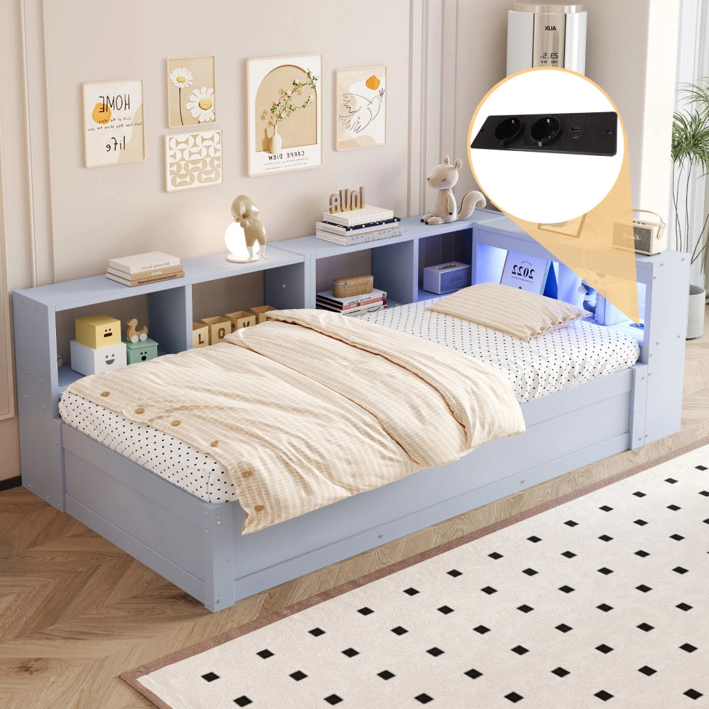 Letto multifunzionale 90x200 cm con LED, presa integrata e vano contenitore