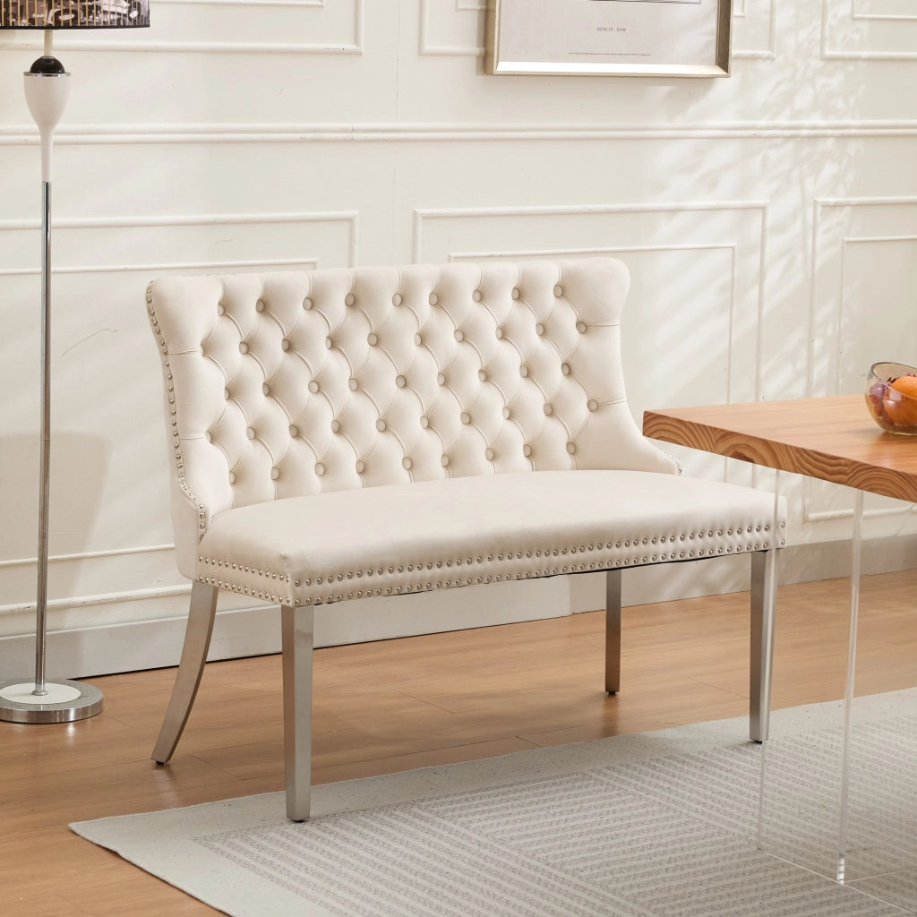 Panchina Imbottita 2 Posti ¨C MINIMAL ¨C Velluto Beige, Gambe Metallo, Schienale, Stile Moderno
