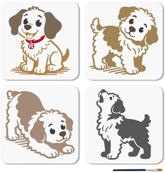 Schemi 4 pezzi - Schemi riciclabili - Tema cani - 20 x 20 cm - Plastica - Decorazione creativa - Stencil