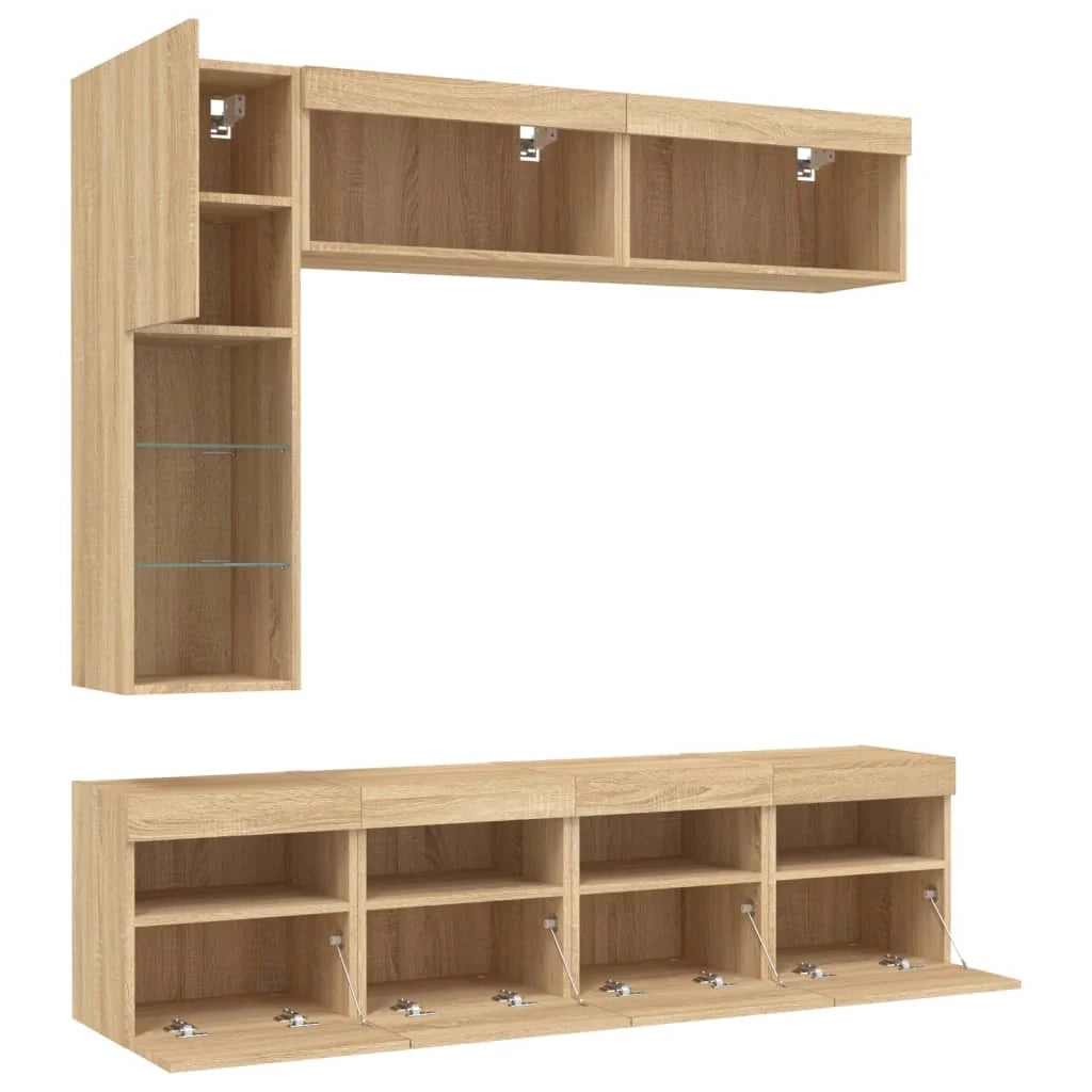Set di mobili da 7 pezzi tra cui armadio credenza mobile TV parete attrezzata per soggiorno/camera da letto/soggiorno e luci a LED finitura rovere marrone Sonoma 02_0025374
