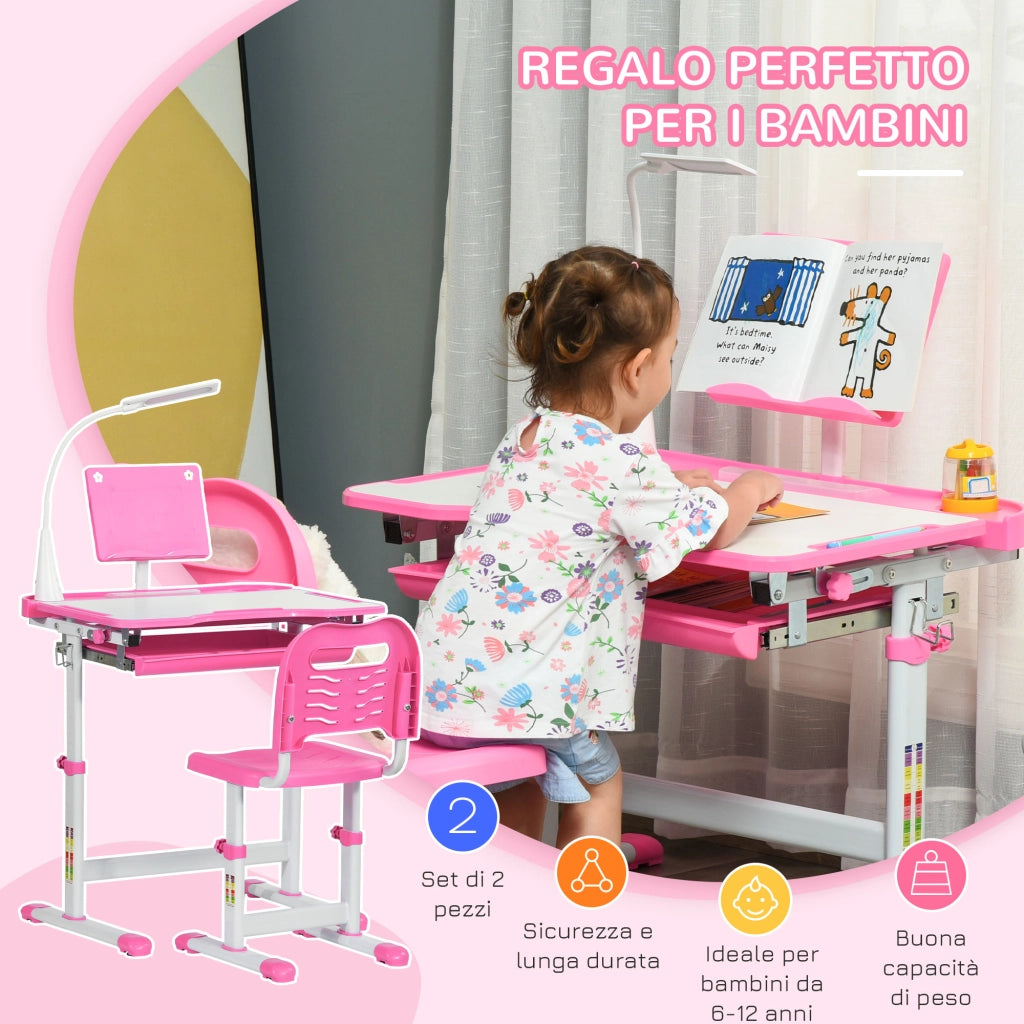 Banco Scuola Regolabile con Sedia per Bambini 6-12 Anni, 70x49.5x80-105 cm, Rosa