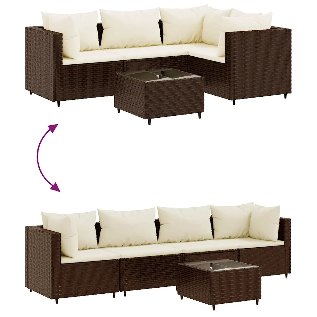 Set Divani da Giardino 5 pz con Cuscini Marrone in Polyrattan