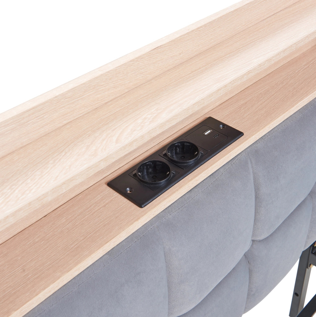 Divano letto imbottito 90x200 cm grigio con LED; 2 cassetti; USB e Type-C