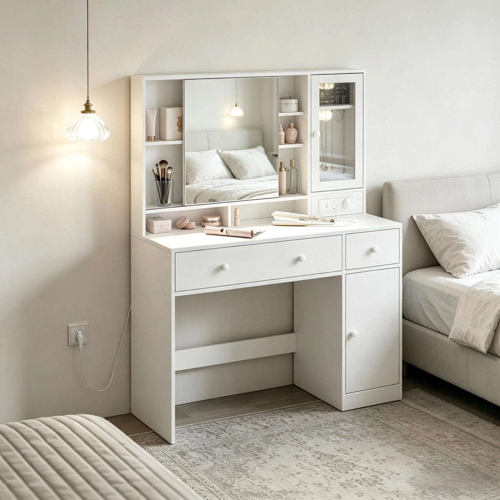 Toeletta con specchio LED; 2 cassetti; armadio e ripiani per camera da letto; 108×40×139 cm
