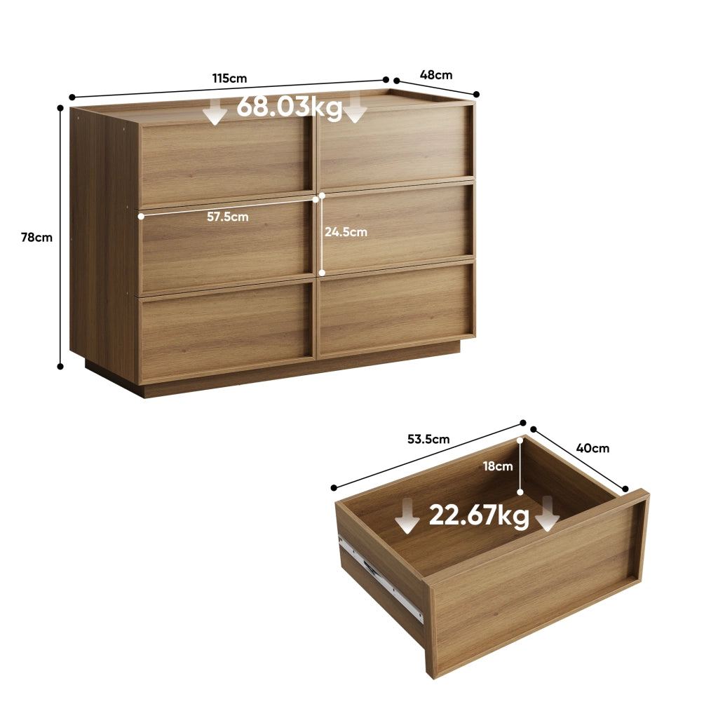Comò con 6 cassetti e guide metalliche, per camera da letto e soggiorno, in MDF e truciolato, rovere, 115 × 48 × 78 cm