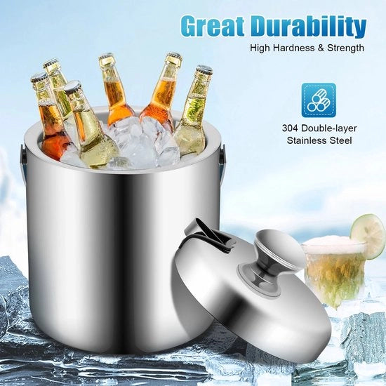 Congelatore portatile a doppia parete 1,3L con coperchio a beccuccio contenitore per cubetti di ghiaccio in acciaio inossidabile per vino/berre