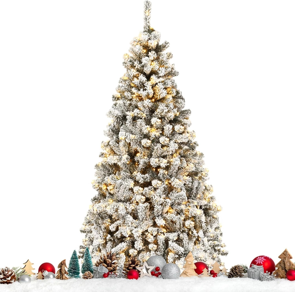 Albero di Natale Innevato 180 cm, Albero di Natale con 250 Luci a LED Bianco Caldo, 600/1010 Rami Folti e Base Metallica, Ideale per Casa, Ufficio e Negozio (180 CM)