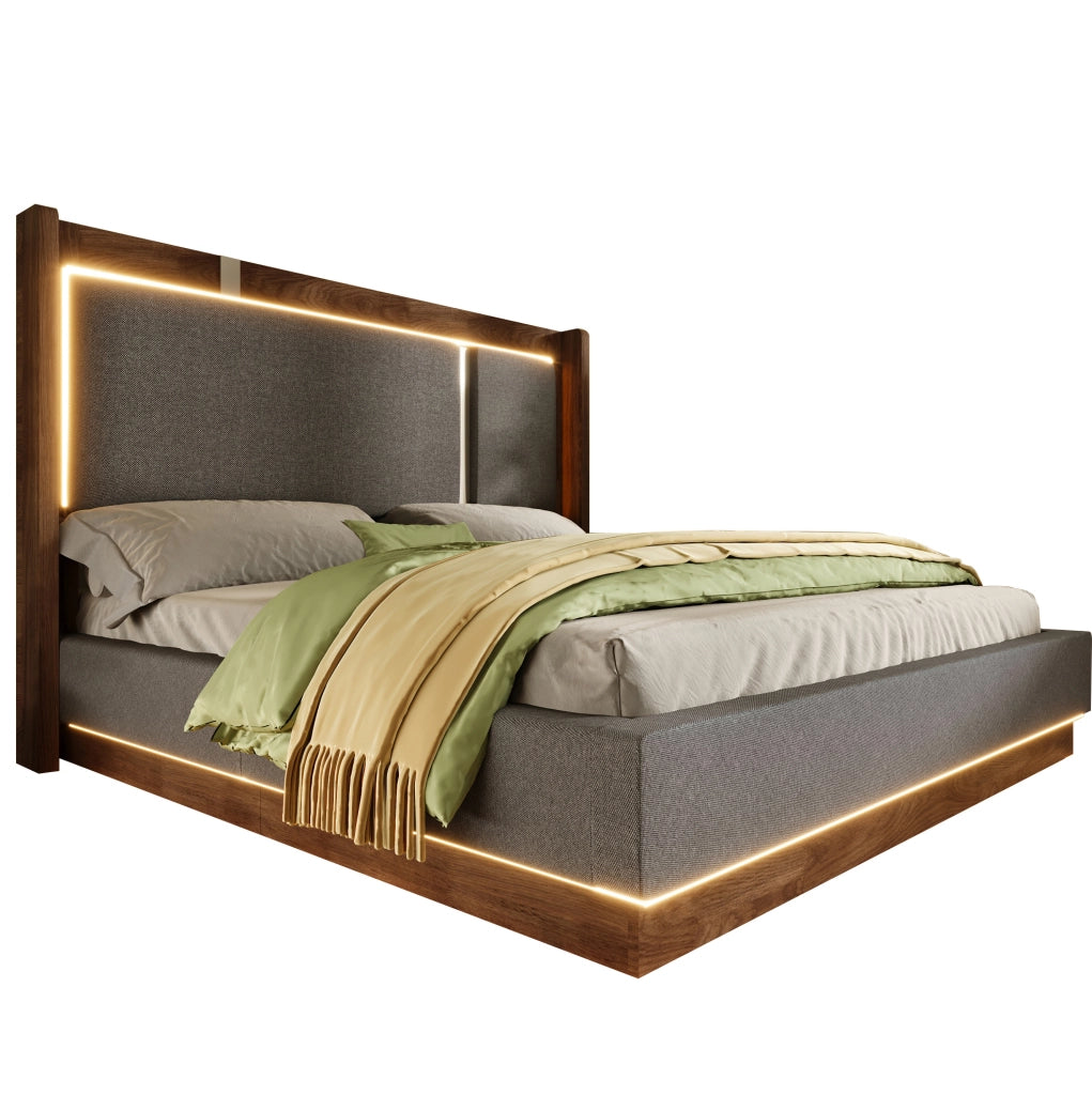 Letto imbottito 140x200 con LED, vano contenitore e rete a doghe