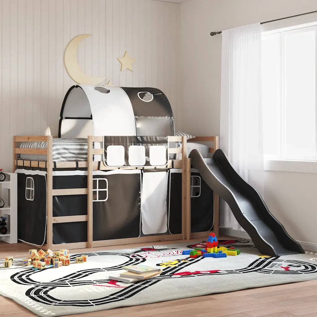 Letto singolo | Letto per adulti | Letto a Castello con Scivolo e Tende Bianco e Nero 80x200 cm
