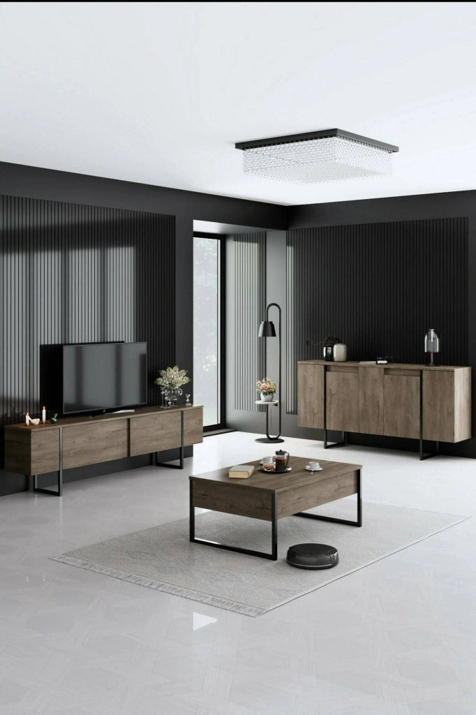 Credenza Arta, Buffet da soggiorno, Madia da salotto, Dispensa da cucina, 160x35h80 cm, Noce e Nero