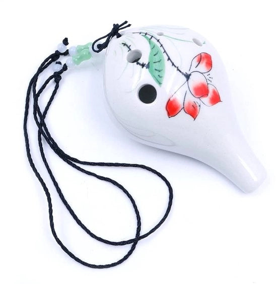 Ocarina a 6 fori - Stile bottiglia di vino - Prodotto a mano con disegno decorativo - Dolomia/Ceramica - Ideale per principianti - Incluso panno per le dita e cinturino - Strumento musicale