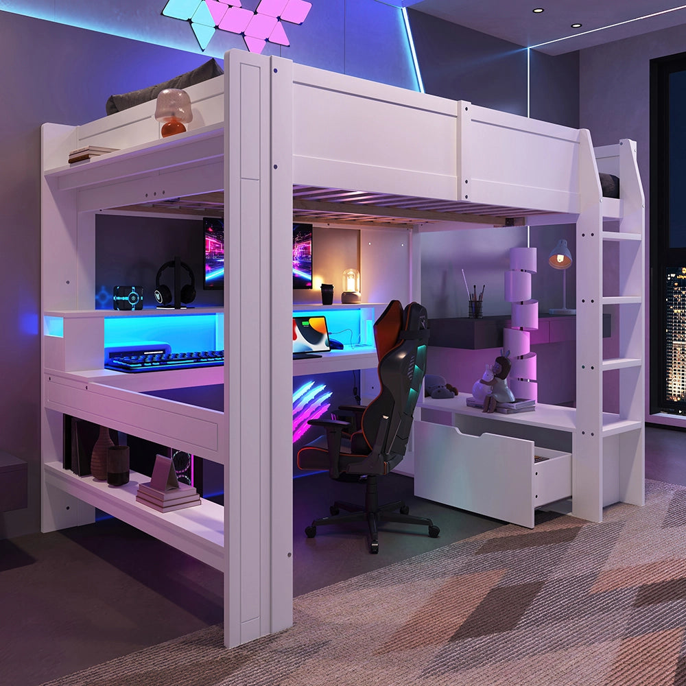 Letto gaming - Xylo - 140x200 cm LED scrivania bianco