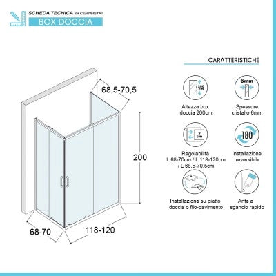 Box doccia 70x120x70 cm con doppio scorrevole trasparente H 200 cm Ted