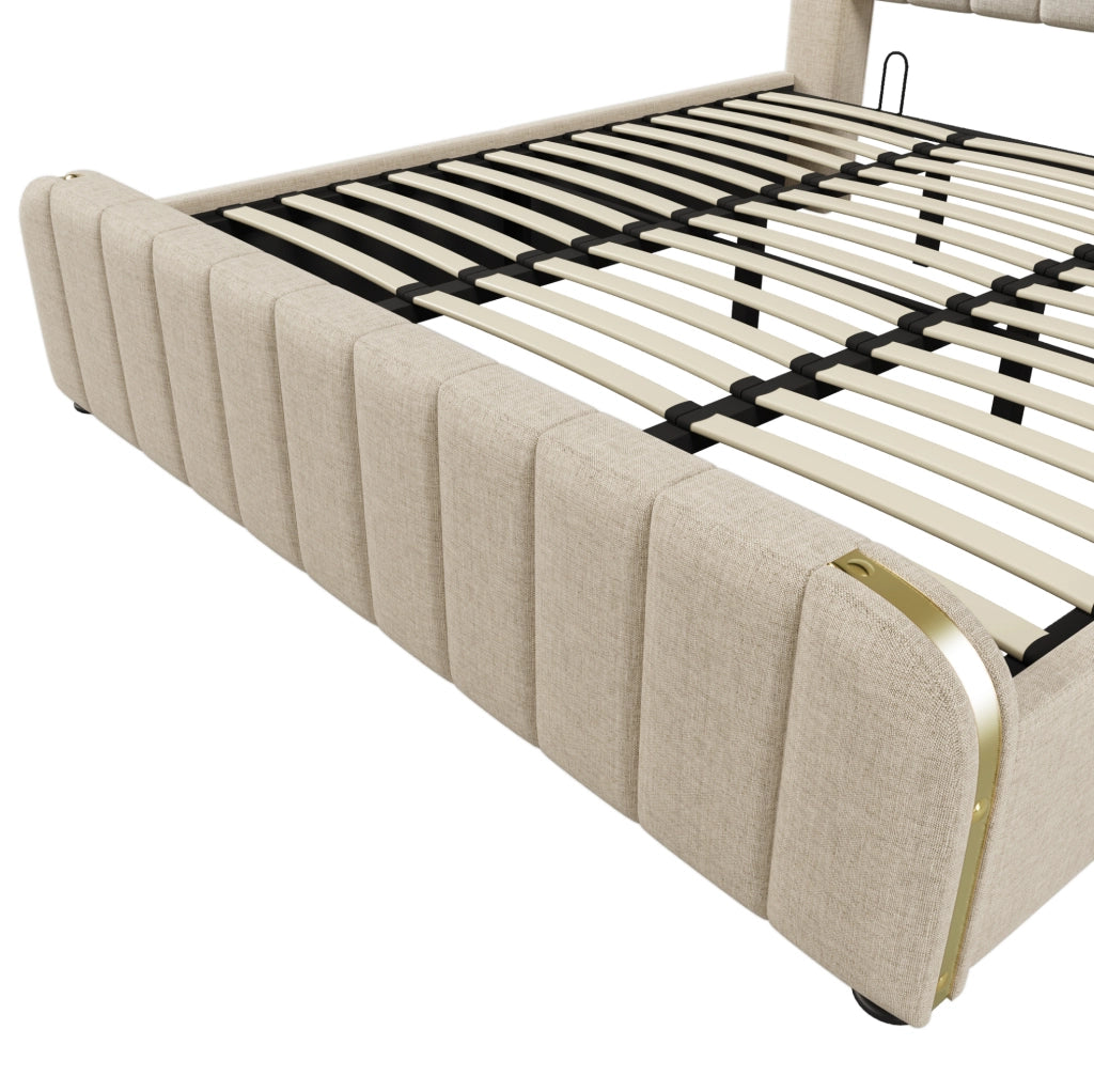 Letto matrimoniale imbottito con contenitore, USB Type-C e struttura in lino beige