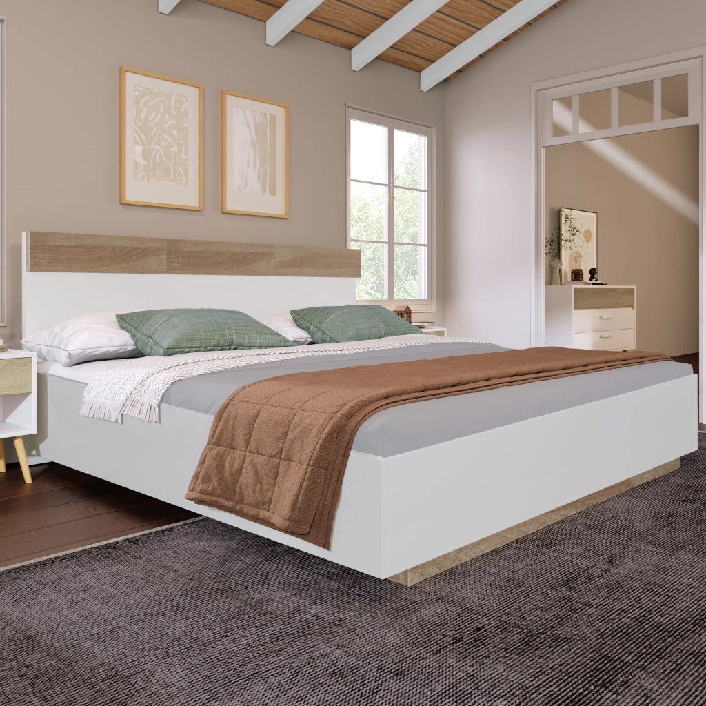 DESMIU Letto matrimoniale letto adulto 160 × 200 cm con testiera ed effetto sospeso, senza materasso, bianco rovere