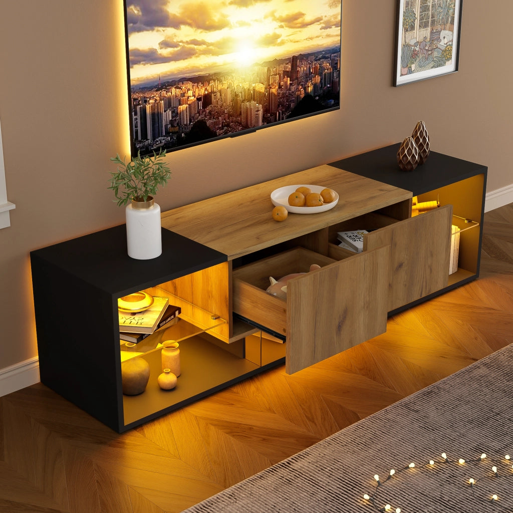 MOBILE TV con LED 160x40x42 cm Nero e effetto legno con 2 cassetti