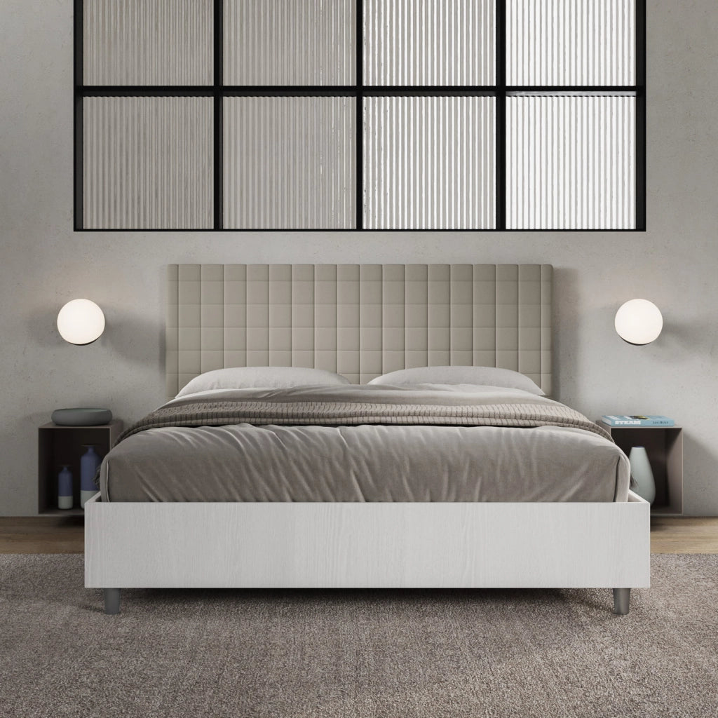 Letto Matrimoniale 160x190 cm con Rete e Contenitore Alzata Comoda Struttura Bianco Frassico e Testata in Similpelle