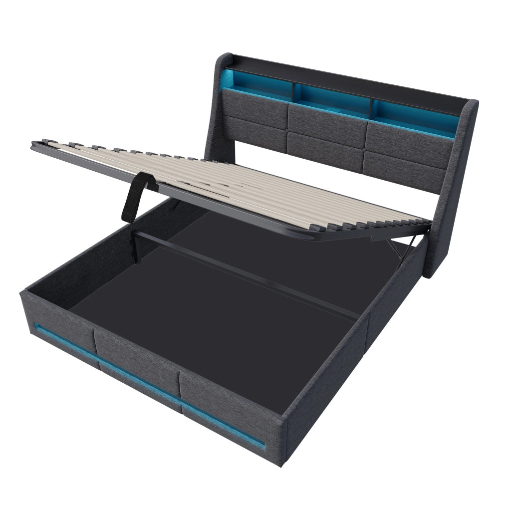 Letto matrimoniale con contenitore idraulico 140×200 cm, tessuto grigio, effetto sospeso LED RGB, testiera con vani, ricarica USB e USB‑C