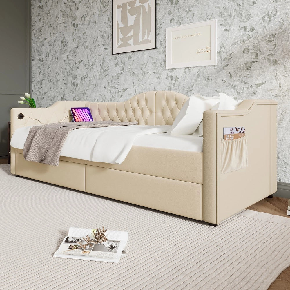 Letto Imbottito Contenitore con USB e 2 Cassetti ¨C MINIMAL ¨C Velluto Beige 90x200