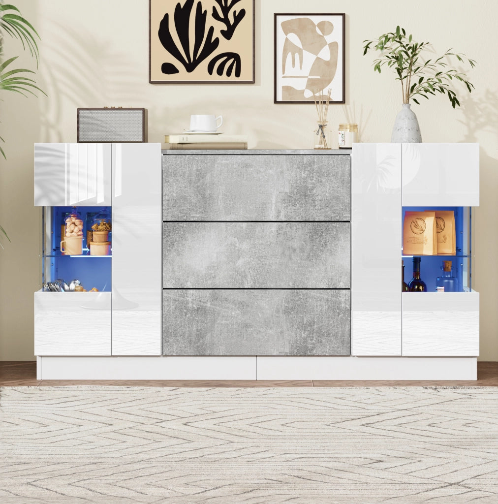 Sideboard moderno 140x35x75 cm con LED; 2 ante e 3 cassetti; bianco lucido e marmo grigio