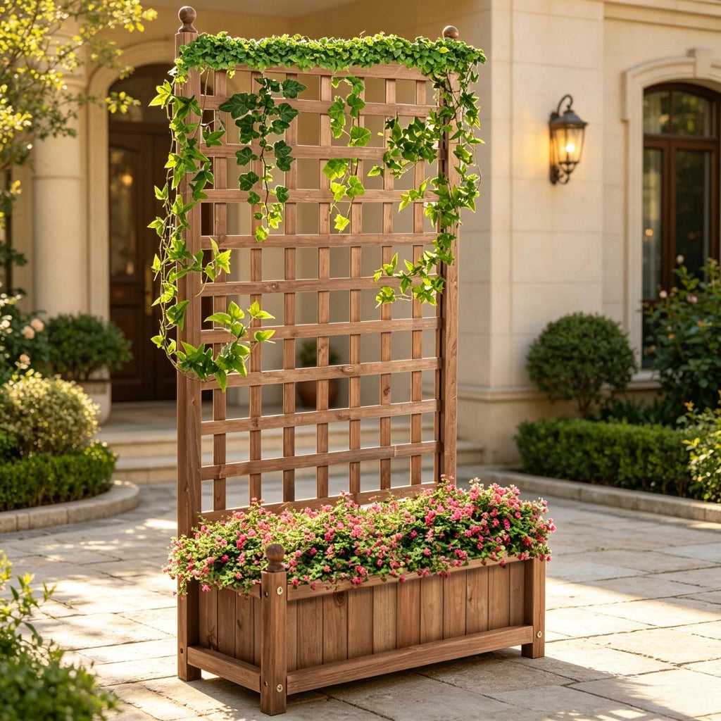 Fioriera con struttura rampicante, aiuola rialzata con retro in rete, elegante supporto per piante, elegante contenitore per piante con struttura a re