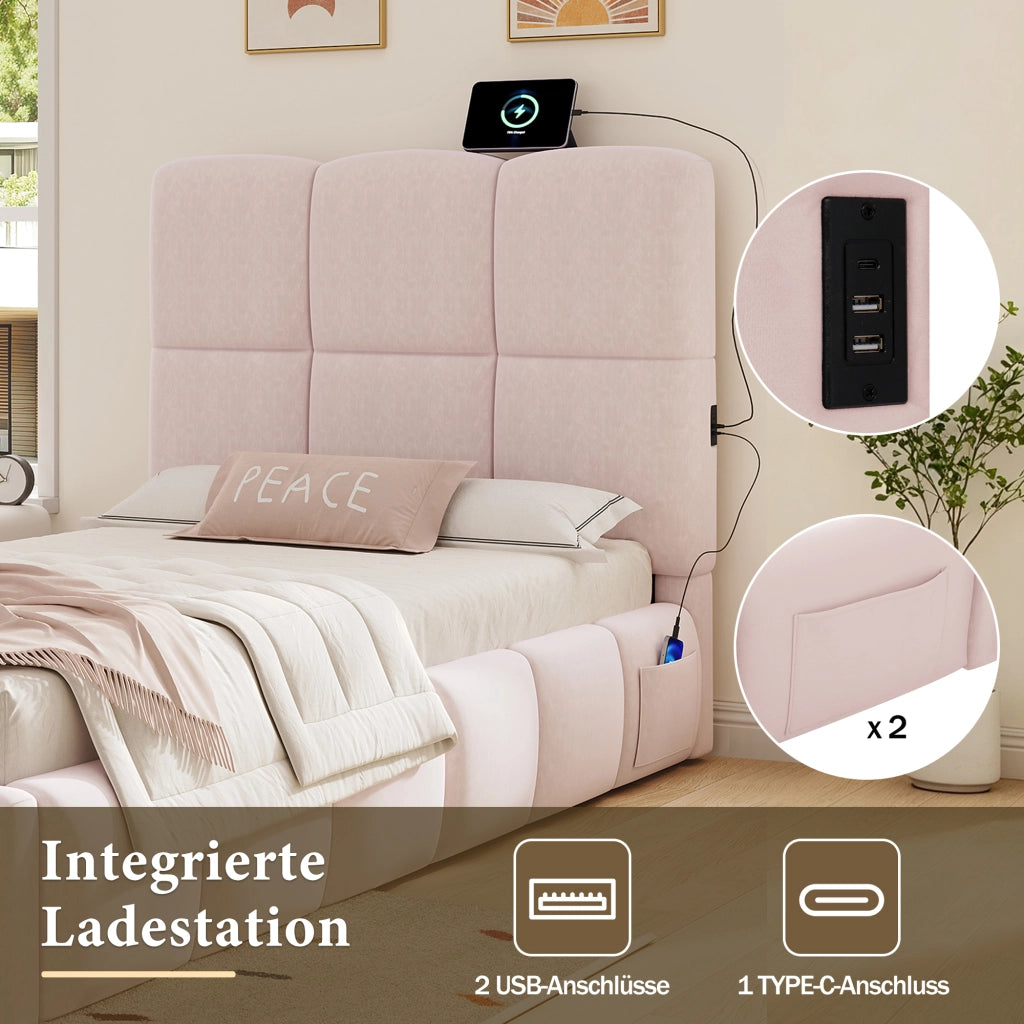 DESMIU Letto bambino 90 × 200 cm 1 posto con vano contenitore idraulico e USB, senza materasso, in velluto, rosa