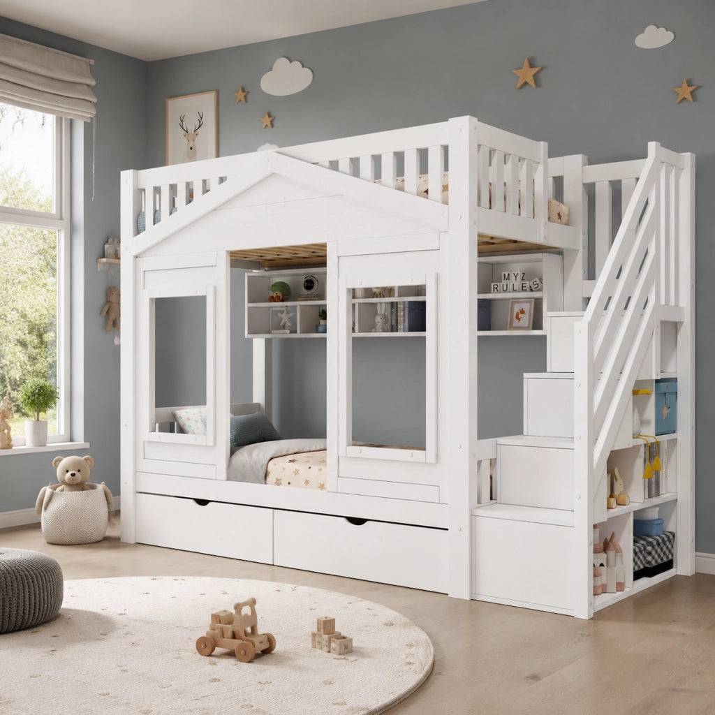 Letto a Casetta 90x200 cm; Letto Singolo - Scala contenitore; Cassetto; Ripiani - Bianco