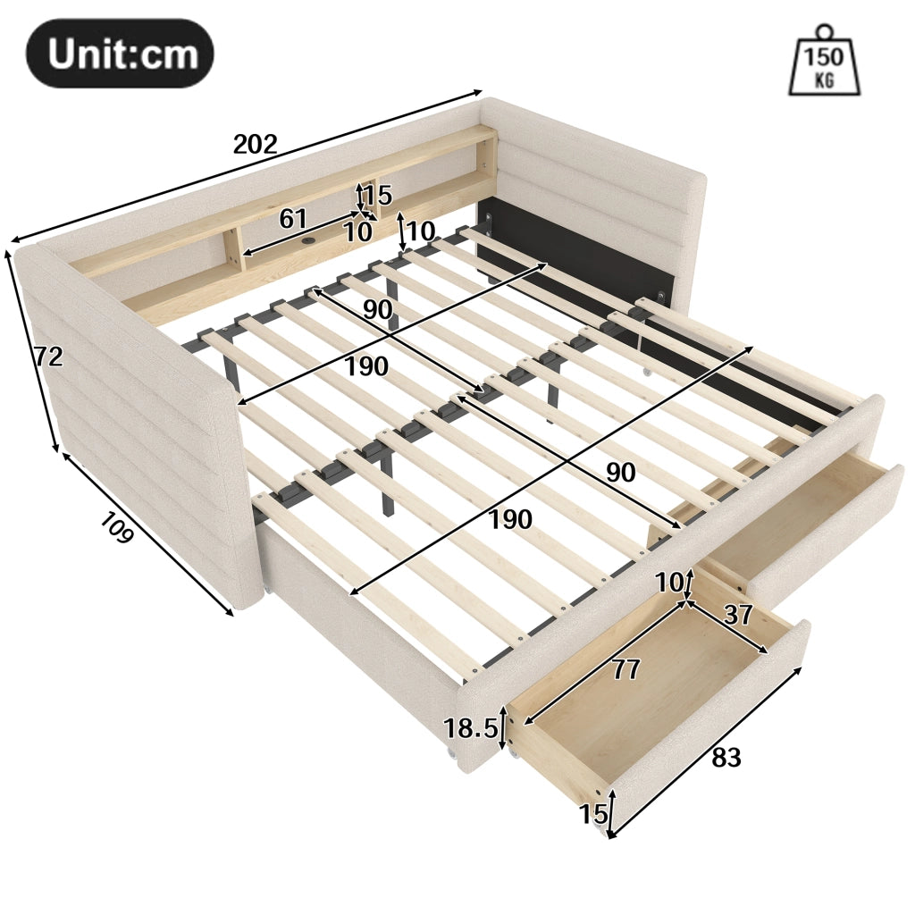 LETTO estraibile 90x190 cm in velluto beige con cassetti e luci LED