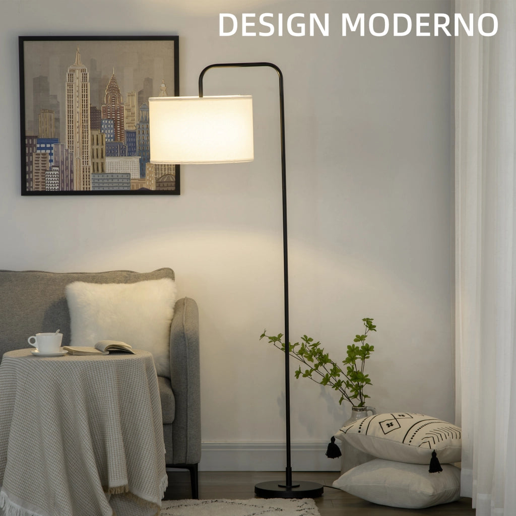 Lampada da Terra Moderna in Acciaio con Paralume in Tessuto Effetto Lino, 64x38x163.5 cm, Bianca e Nera