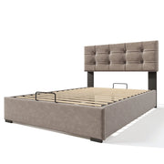 Letto contenitore matrimoniale 140×200 cm con testiera regolabile e rete sollevabile; senza materasso; velluto; grigio chiaro