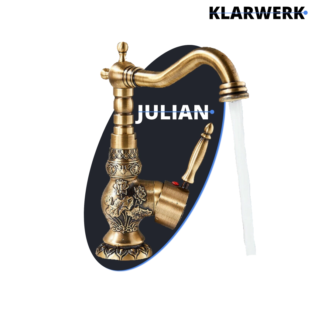 JULIAN | Rubinetto da bagno alto vintage in ottone dorato | Miscelatore retrò in acciaio inox per lavabo freestanding | con rubinetto gastronomico