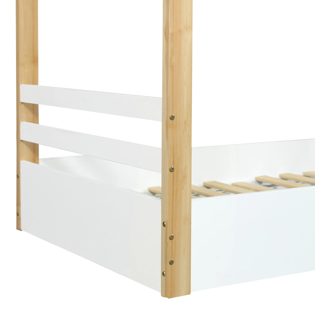 Letto per bambini a forma di casetta 90x200 cm, legno bianco e naturale, con reti a doghe stabili, struttura in pino, truciolare e MDF