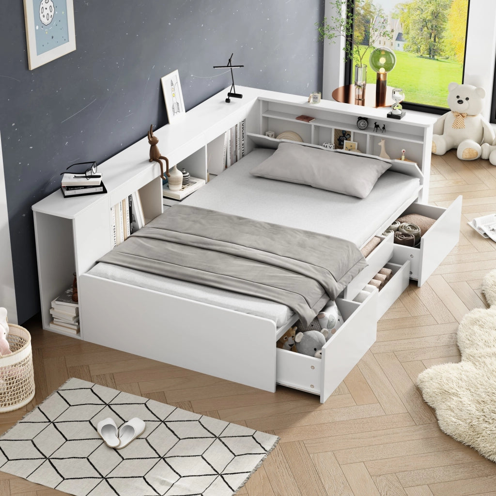 OKWISH Letto Bambino 90×200 cm, Letto Singolo con 4 Cassetti, Libreria e Armadietti Contenitore, senza Materasso, in MDF, Bianco