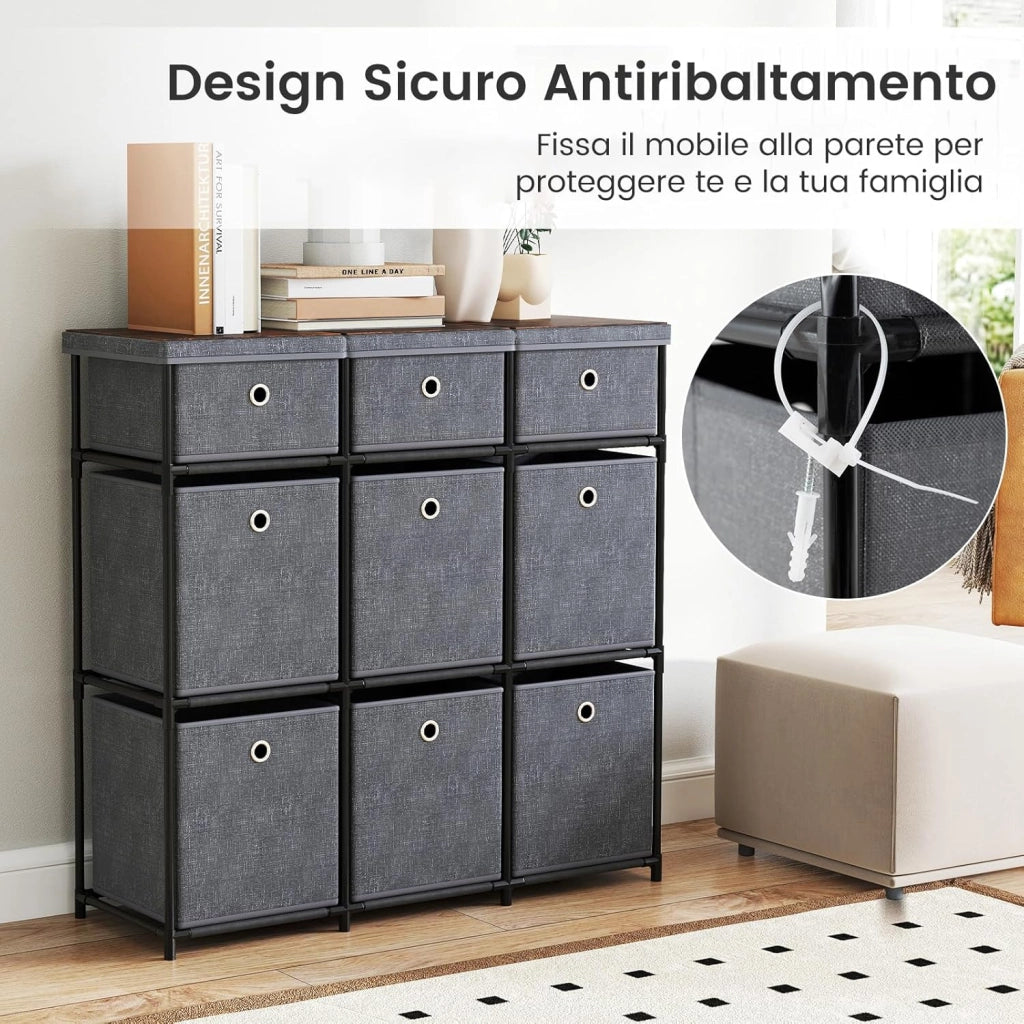 Comò con 9 Cassetti, Cassettiera in Tessuto con Struttura in Metallo e Legno, Armadietto Portaoggetti Salvaspazio, per Soggiorno, Camera da Letto e Corridoio (87 x 29 x 84 cm,Grigio)