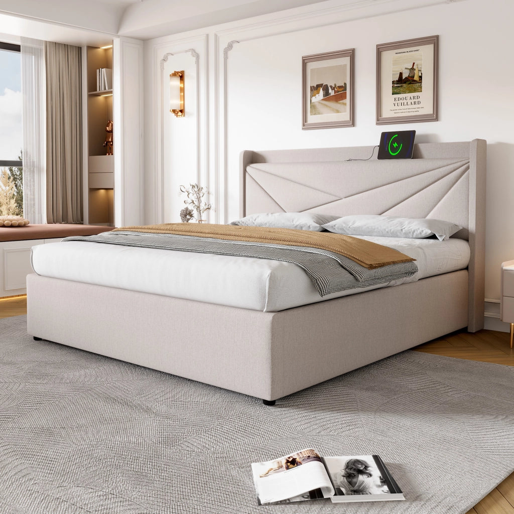 letto imbottito cotone lino beige 160x200 cm