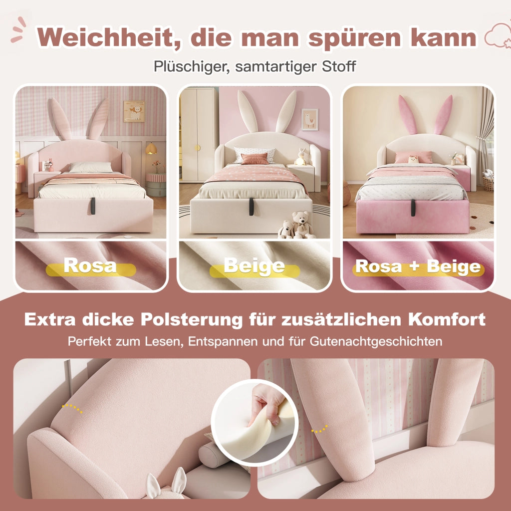 LETTO 90x190 cm in Velluto Rosa con Comodino e Contenitore