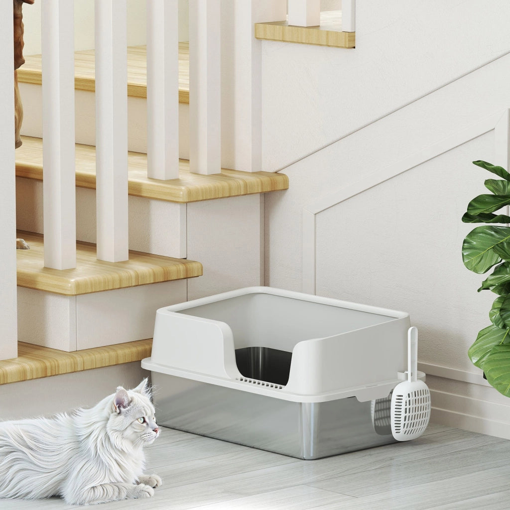 Lettiera per Gatti con Vassoio ¨C Minimal ¨C Acciaio Inox, Grigio, 60x40x28 cm