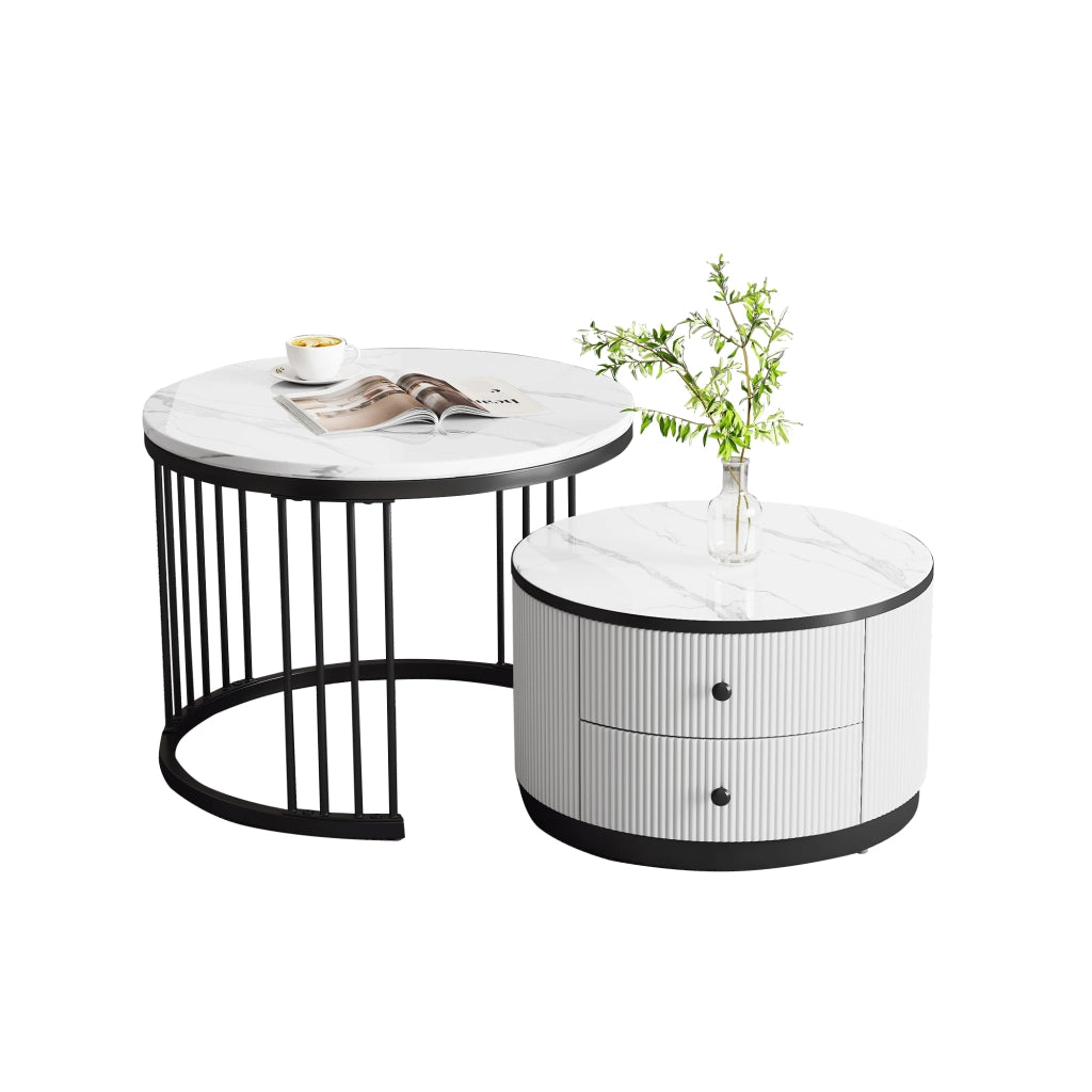 Set di 2 tavolini da salotto rotondi bianchi e neri con effetto marmo lucido, 60x60x45,5 cm e 50x50x32 cm, 2 cassetti, portata 30 kg