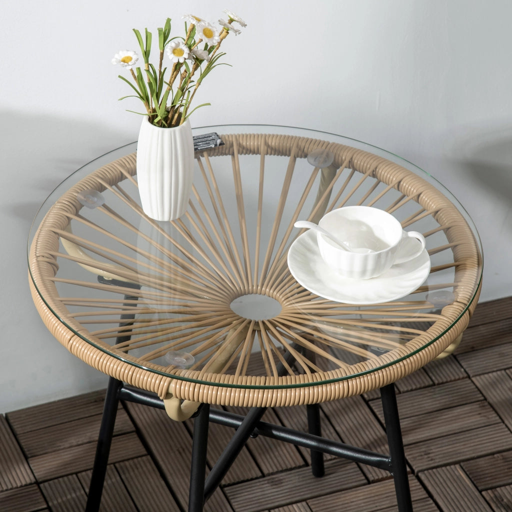 Tavolino da bistrot, tavolo rotondo da giardino, tavolino laterale in rattan, per patio, balcone, nero+beige, 50 x 50 x 50 cm